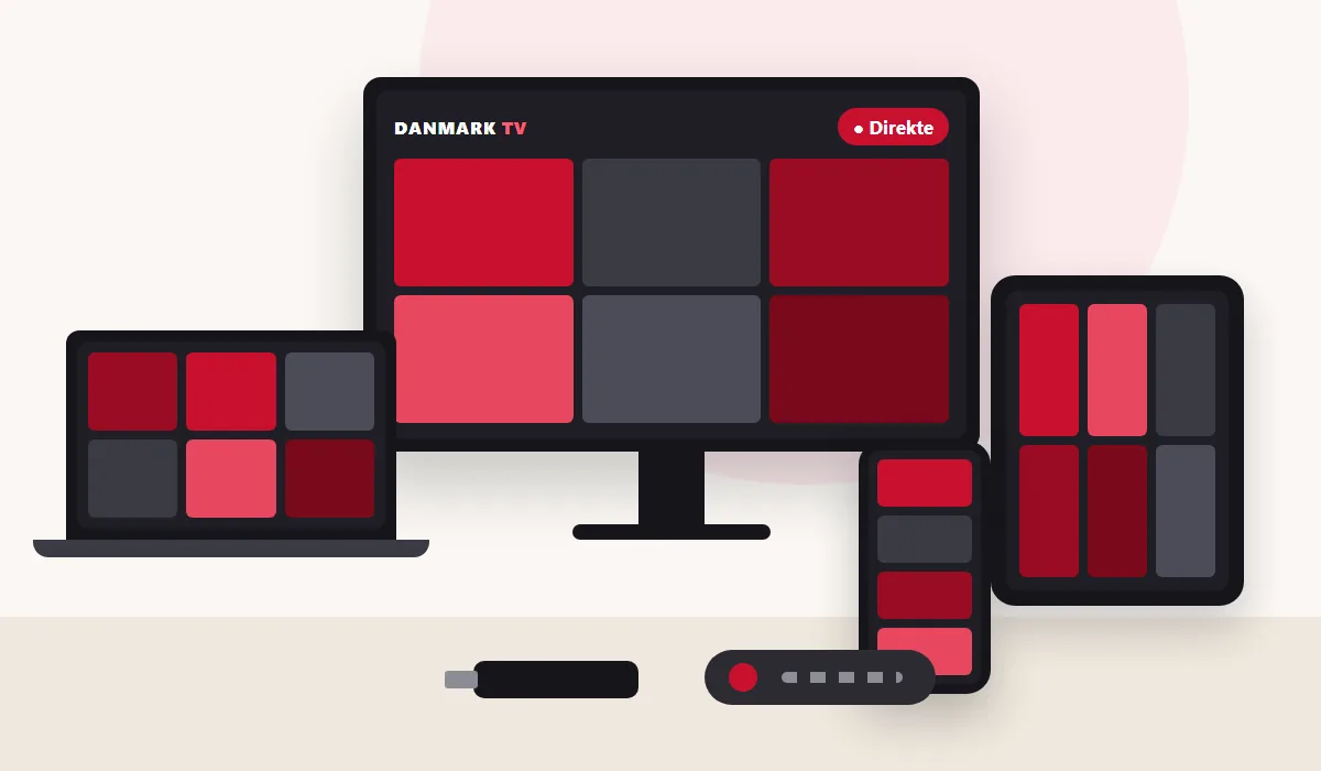 TV, bærbar PC, nettbrett, mobil og strømmepinne som viser NORGE TV menyen