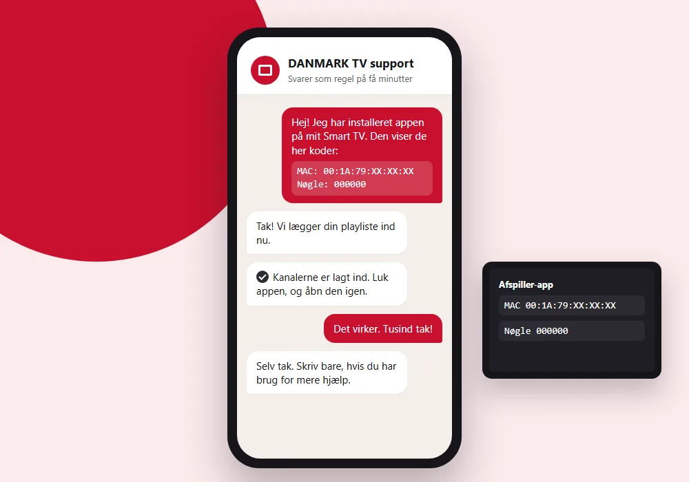 Skjermbilde av kundesupport på WhatsApp: kunden sender koden og support bekrefter at kanalene er klare